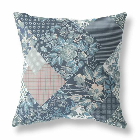 PALACEDESIGNS 18 in. White Boho Floral Indoor & Outdoor Throw Pillow Indigo Blue & Pink PA3106390